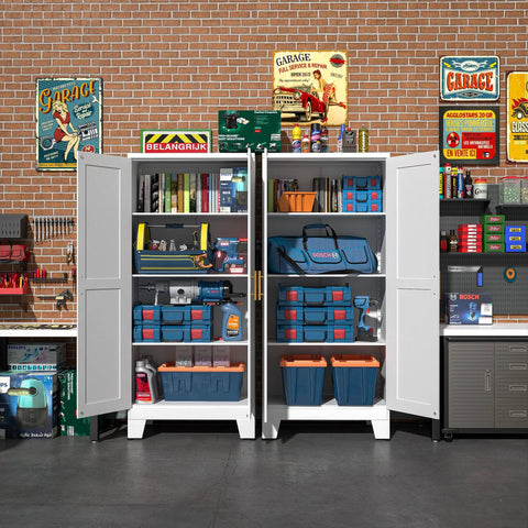 Open White Metal Storage Cabinet 61 Inch Heavy Duty Steel Cabinet With Doors And 3 Adjustable Shelves Built Tough For Home Office Kitchen Pantry Garage And School Four Compartments For Easy No Nonsense Organization filled with tools and containers against brick wall in garage workspace.