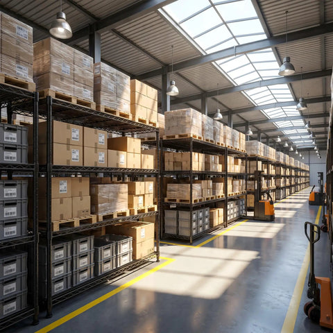 Warehouse with 4-Tier Heavy Duty Wire Shelving Unit For Warehouse And Supermarket With Double Capacity And Space Saving Design