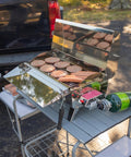 Portable Grill Table With Tons Of Prep Space For Camping, Tailgating, Picnics, And Boating, shown with grill and propane tank.