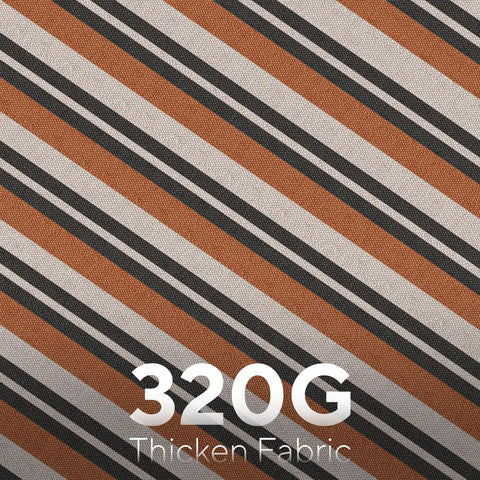 Close-up of brown and black striped fabric, labeled 320G Thicken Fabric, for 600 Lb Hammock With Stand For Outdoor Or Indoor Use.