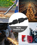 Collage of 6-Foot Outdoor Extension Cord Tough-As-Nails 12/3 SJTW used with leaf blower, holiday lights, power tools, and snowblower