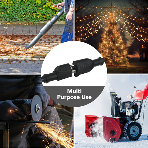 Collage of 6-Foot Outdoor Extension Cord Tough-As-Nails 12/3 SJTW used with leaf blower, holiday lights, power tools, and snowblower
