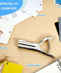 Heavy Duty One Quarter Inch Single Hole Punch for crafts and office use, shown with paper, ID cards, PVC, and foil samples