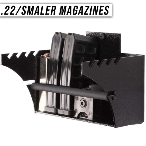 Universal Gun Magazine Storage Wall Mount Rack for AR10 AR15 AK47 SKS M4 and pistol magazines mounted on a white wall