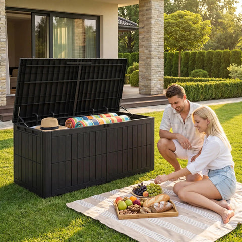 Big 120 Gallon Outdoor Deck Box Lockable Waterproof Storage Chest with open lid on patio, showcasing storage capacity.
