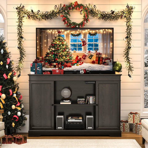 Hidden Motorized TV Lift Cabinet For 55 To 65 Inch Televisions With Storage And Remote Control In A Slick Modern Walnut Finish in holiday setting