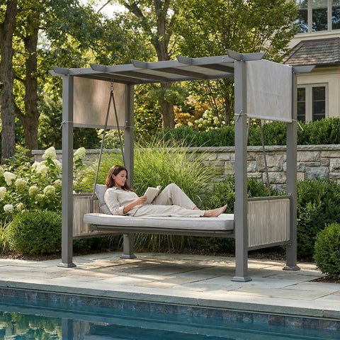 Woman relaxing on 2 In 1 Convertible Porch Swing Bed For Three With Wicker Armrests And Adjustable Canopy by the poolside