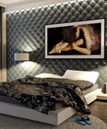 Bedroom with tufted 2x2 seamless glue up wall panel pack for 48 sq ft 12 tiles easy cut to size install paintable 3D wall and ceiling panels.