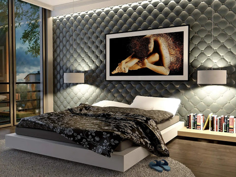 Bedroom with tufted 2x2 seamless glue up wall panel pack for 48 sq ft 12 tiles easy cut to size install paintable 3D wall and ceiling panels.
