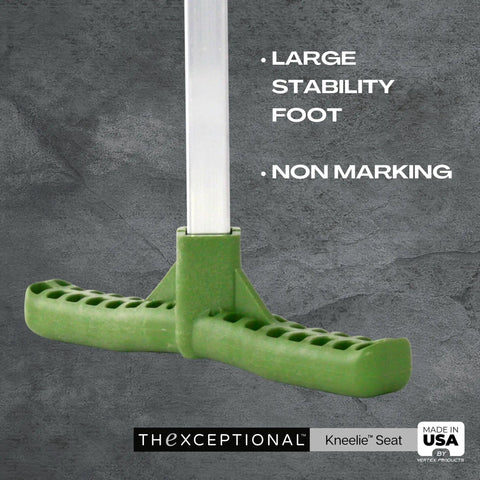 Close-up of Ergonomic Garden Kneeler With Tush Pad And Handles For Pain Free Kneeling, foot design, Made in USA label visible