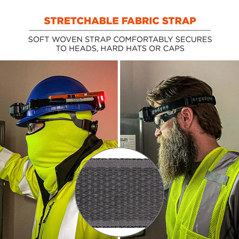 Two workers using Skullerz 8980 Universal Headlamp Strap With Stretchable Nylon Band on hard hats, close-up of strap material