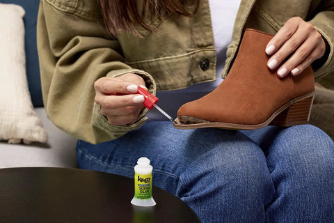 Multipurpose Brush On Super Glue Six Count Pack Quick Drying Liquid Adhesive Zero Hassle Applicator Knocks Out Instant Grab For Rapid Home Fixes And Diy Projects Dang Strong Hold used to repair a brown suede boot.