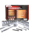 47-Piece 1/4-Inch And 3/8-Inch Drive Socket Set With 90-Tooth Reversible Ratchet, Chrome Vanadium Steel Build, tool layout image
