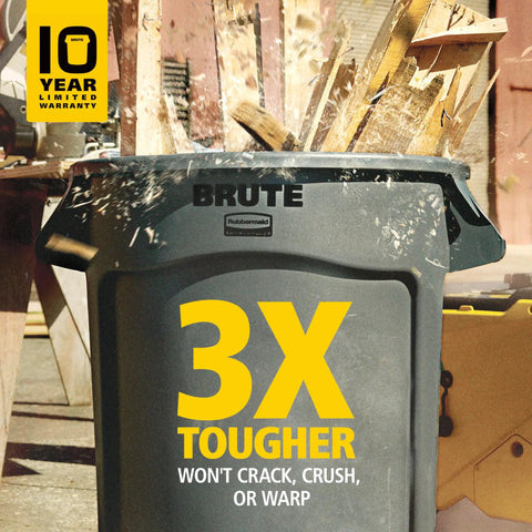 Heavy-Duty 10-Gallon Yellow Round Trash Can For Outdoor Use with venting channels, shown with wood debris, outdoors in sunlight.