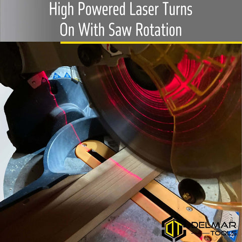 Delmar Tools miter saw laser guide attached to a saw; bright red laser line on wood; Delmar Tools logo visible