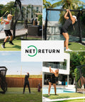 People using Home Series Golf Training Net 7x7 With Auto Ball Return in various outdoor settings
