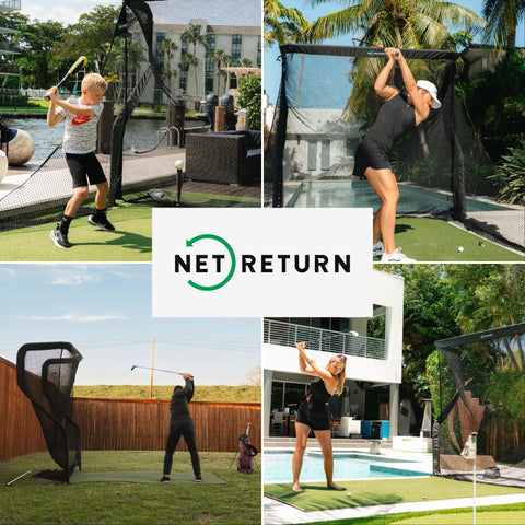 People using Home Series Golf Training Net 7x7 With Auto Ball Return in various outdoor settings