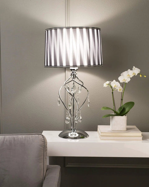 Crystal Table Lamp With Black And White Shade 30.5 Inch Tall Twisted Metal Frame With Hanging Crystals UL listed on table