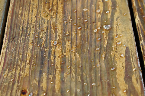 One Gallon Ready To Roll Deck Stain Stripper Cuts Straight Through Weathered Oil And Water Coats on weathered wooden deck.
