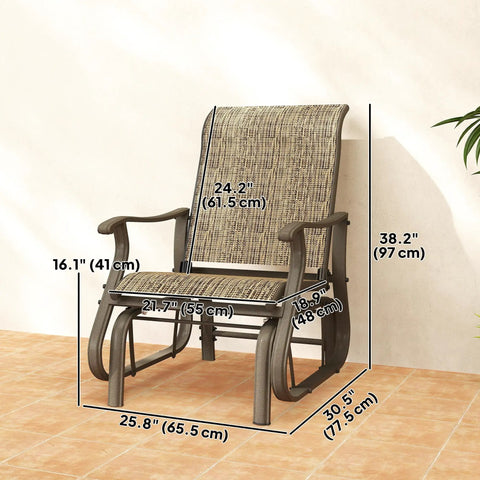 Outdoor Glider Chair For Patio With Steel Frame And Mesh Fabric Smooth Swing For Backyard Garden Or Porch, showing size specifications.
