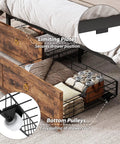 Queen Farmhouse Bed Frame In Rustic Brown Features Four Deep Drawer Storage with limiting plates and bottom pulleys for easy access.