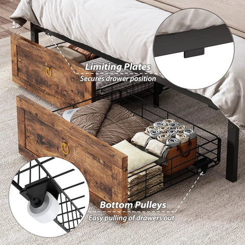Queen Farmhouse Bed Frame In Rustic Brown Features Four Deep Drawer Storage with limiting plates and bottom pulleys for easy access.