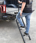 45 Inch Foldable Tailgate Ladder With Grab Handle For Pickup Trucks, Heavy Duty Step Up Access, Fits Ford F Series, Ram 2500, Silverado And More, 600 LB Capacity, Easy Install on black pickup tailgate