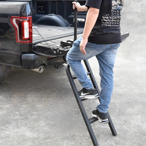 45 Inch Foldable Tailgate Ladder With Grab Handle For Pickup Trucks, Heavy Duty Step Up Access, Fits Ford F Series, Ram 2500, Silverado And More, 600 LB Capacity, Easy Install on black pickup tailgate