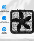 Front view of 20 Inch Box Fan With Carry Handle 3 Speed Full Force Air Circulation Floor Fan For Home Bedroom Or Office High Performance Airflow Fifteen Feet Per Second Keeps Big Rooms Cool Fast.