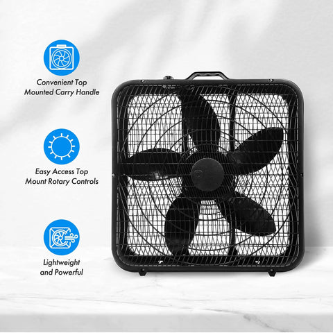 Front view of 20 Inch Box Fan With Carry Handle 3 Speed Full Force Air Circulation Floor Fan For Home Bedroom Or Office High Performance Airflow Fifteen Feet Per Second Keeps Big Rooms Cool Fast.