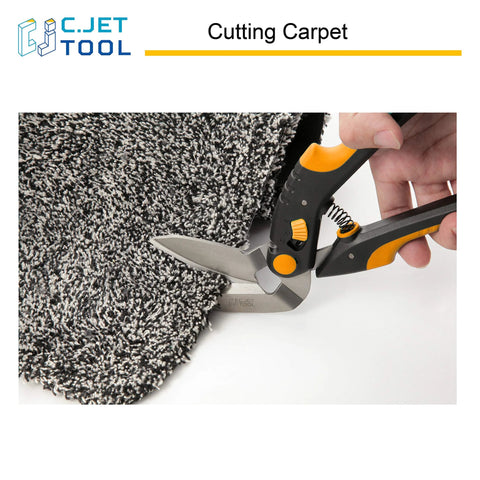 C.JET TOOL 10-inch heavy-duty carpet cutter with orange and black soft-grip stainless steel blades