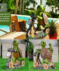 Outdoor garden figurine lights featuring a cute turtle riding scooter solar powered LED statue waterproof for patio yard and lawn decor