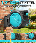 Heavy Duty Kink Free Auto Rewind Garden Hose Reel Half Inch, 160 Feet, wall mounted, showcased on a brick wall