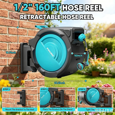 Heavy Duty Kink Free Auto Rewind Garden Hose Reel Half Inch, 160 Feet, wall mounted, showcased on a brick wall