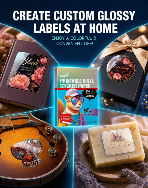 Kickass Premium Glossy Printable Vinyl Sticker Paper Hits Every Color Perfect For Your Inkjet Or Laser Printer 8.5 X 11 showcased with custom labels and crafts.