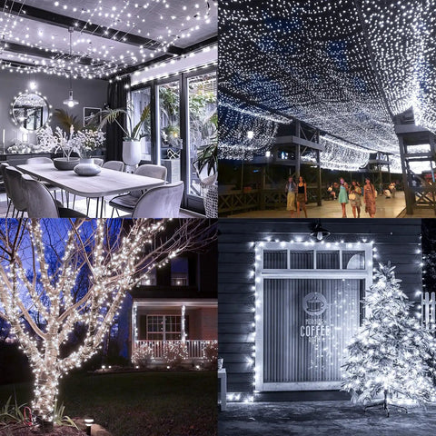 Collage of diverse uses of 403Ft 1000 LED Outdoor Christmas Lights With 8 Modes And Timer Waterproof Green Wire Fairy String Lights for decor