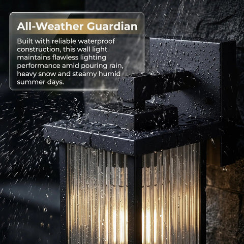 Stunning Matte Black Wall Mount Porch Lights, Dope Outdoor Sconces Featuring Hand Textured Glass And Solid Metal Frame, Badass Front Door Or Garage Entry Exterior Lighting Setup with water drops.
