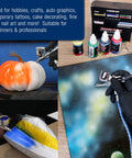 Cool Runner II Airbrush Kit With Dual Fan Compressor, Three Airbrushes, Six Color Acrylic Paint Set in use for crafts and art
