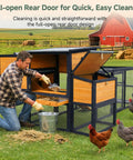 Man cleaning large backyard wooden chicken coop with run for four to six chickens, featuring rear door and ventilation window.