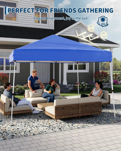 10x10Ft Pop Up Canopy Tent With Slant Legs Instant Gazebo Shelter UV Resistant Waterproof Cover Adjustable Height Heavy Duty Steel Frame Carrying Bag 8x8Ft Shade For Patio Beach Garden And Events used in backyard with people sitting underneath