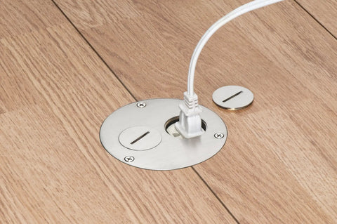 Flush Round Floor Box Kit For Wood Or Concrete Floors with nickel plated cover, power cord in plug, two threaded inserts visible.