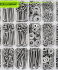 Hella Durable 1059 Piece Stainless Steel Screw And Nut Assortment Kit With Phillips Pan Head Machine Fasteners Flat And Lock Washers 304 Grade Hardware Tray displaying organized screws and washers.