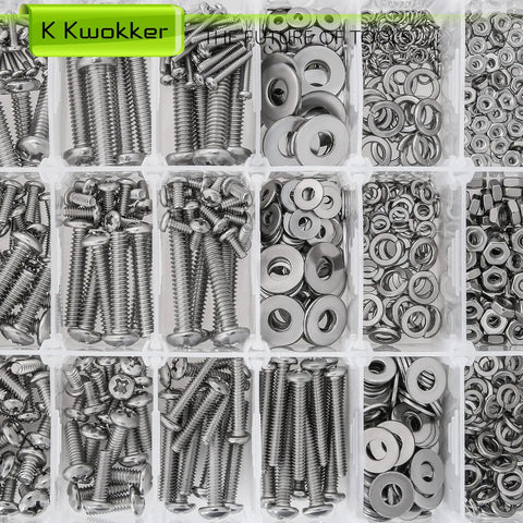 Hella Durable 1059 Piece Stainless Steel Screw And Nut Assortment Kit With Phillips Pan Head Machine Fasteners Flat And Lock Washers 304 Grade Hardware Tray displaying organized screws and washers.