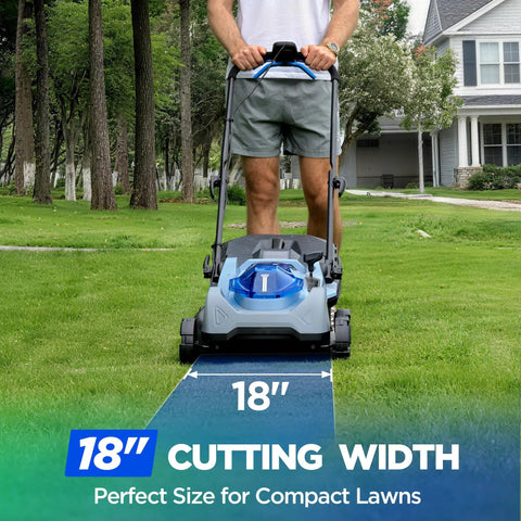 18 Inch 40V Max Brushless Cordless Push Lawn Mower With 4.0Ah Battery, 148Wh Total Power, Charger Included, Up To One Eighth Of An Acre Coverage, About 30 Minute Runtime, Lightweight, Easy Start, Mulch And Side Discharge Options, 18-inch cutting width shown on lawn