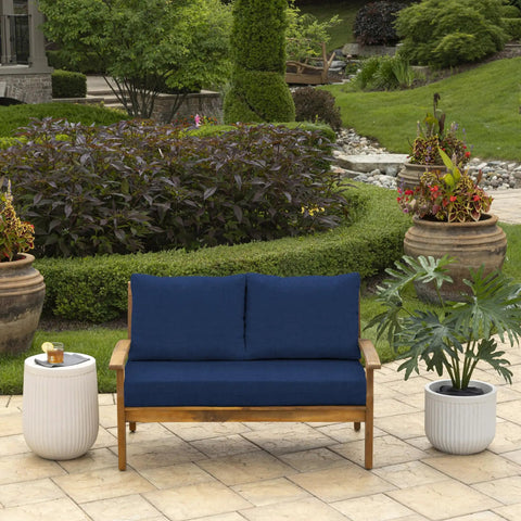 Outdoor Loveseat Cushion Set 3-Piece With 2 Back Pillows And 1 Bottom Cushion, 48 By 24 Inches, Sapphire Blue, Water Repellent And Fade Resistant, Eco-Friendly PFAS-Free Polyfill From Recycled Bottles on wooden loveseat in garden setting