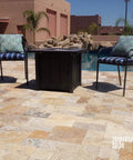 Outdoor Propane Fire Pit Table Top With 40,000 BTU, 30x30 Inch Square Tile Table Top, poolside setup with chairs
