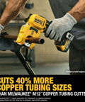 Person using a 20V Max XR Copper Tubing Cutter for 1/4 Inch to 1-1/4 Inch Copper Tubing K L M Hard and Soft Pipe