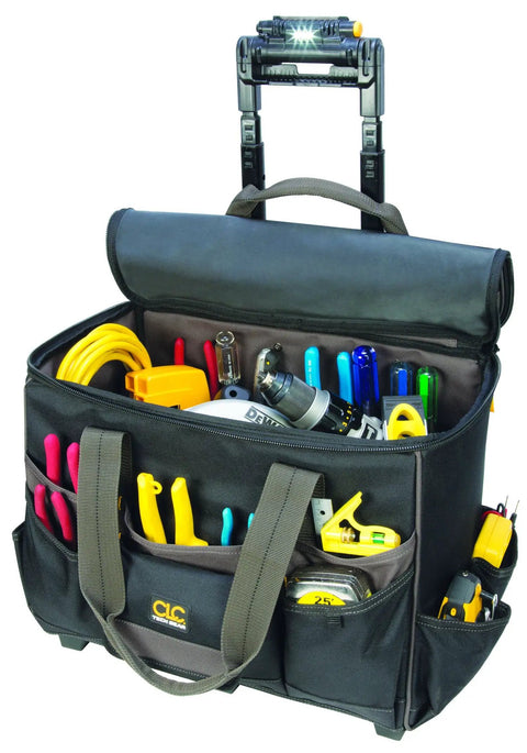 Roller Tool Bag With Lighted Handle 17 Inch TechGear L258, LED-lit with tools, durable polyester, adjustable brightness for jobsites.