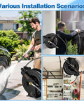 Various installation scenarios of Pressure Washer Hose Reel With 50 Ft Three Eighths Inch Wire Braided Hose for home and shop use.