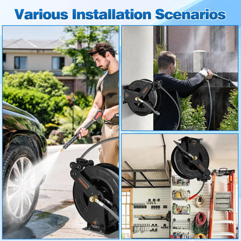 Various installation scenarios of Pressure Washer Hose Reel With 50 Ft Three Eighths Inch Wire Braided Hose for home and shop use.